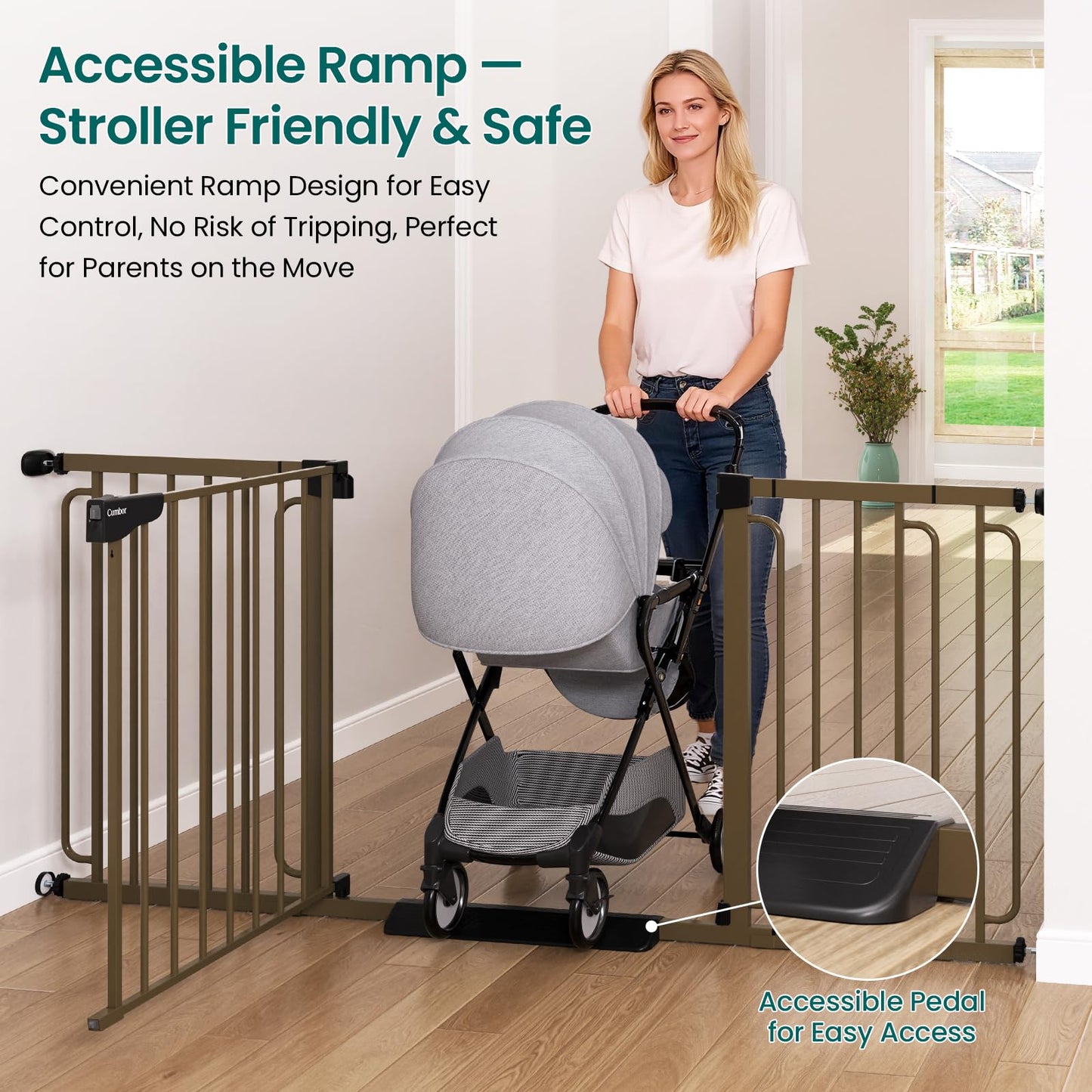 Cumbor Extra Wide Baby Gate, 36.6-69" Walk-Through Dog Gate for Stairs, Doorways & Hallways, 30.5“ Tall, Auto-Close & Dual-Swing Safety Child Gate Indoor, Easy Install Pressure-Mounted Pet Gate, Brown