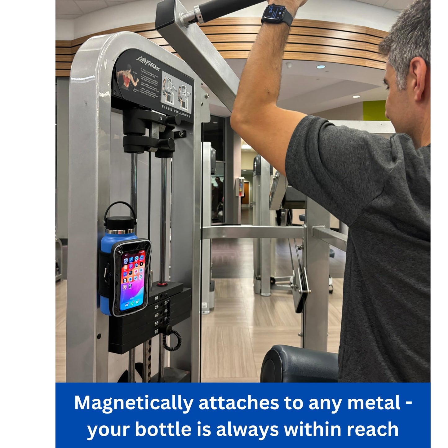 Maxby Magnetic Water Bottle Sleeve with Phone Pouch for Gym, Touchscreen Access, Key Clip, Fits Most 20 to 40 oz Bottles, Attaches to Metal Gym Equipment, Keeps Bottle Off the Floor and within Reach
