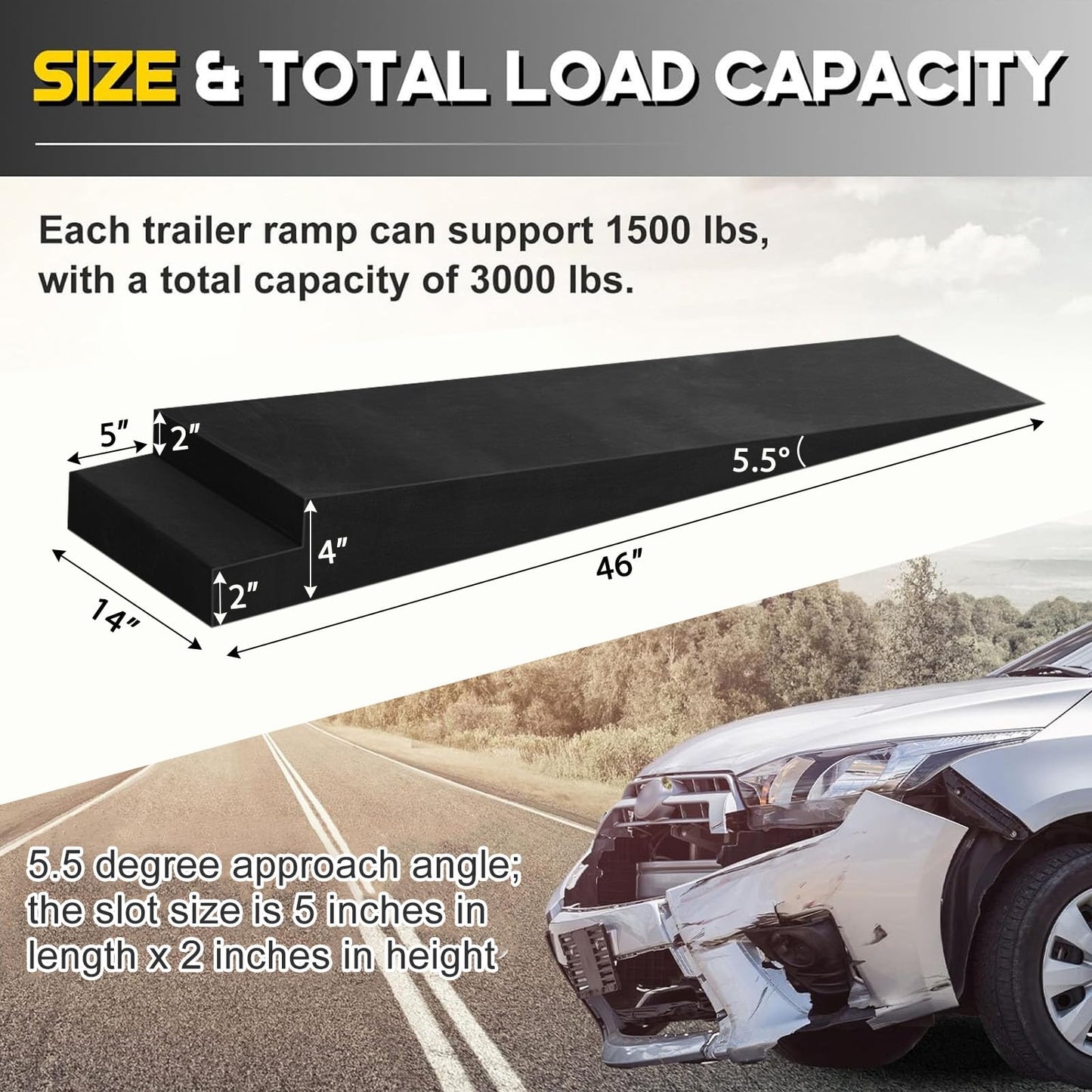 Leinuosen 2 Pcs 4" H Trailer Ramp 5.5 Degree Approach Angle, Low Profile Car Ramps for Trailers, Racing Cars, Sports Cars(46" L x 14" W x 4" H)