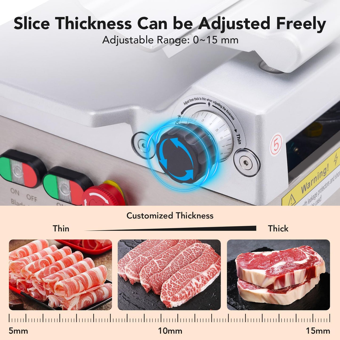550W Commercial Meat Slicer, Automatic Meat Slicer Machine, Frozen Meat Deli Slicer with Adjustable Thickness From 0 to 15mm for Commercial and Home Use, Low Noise