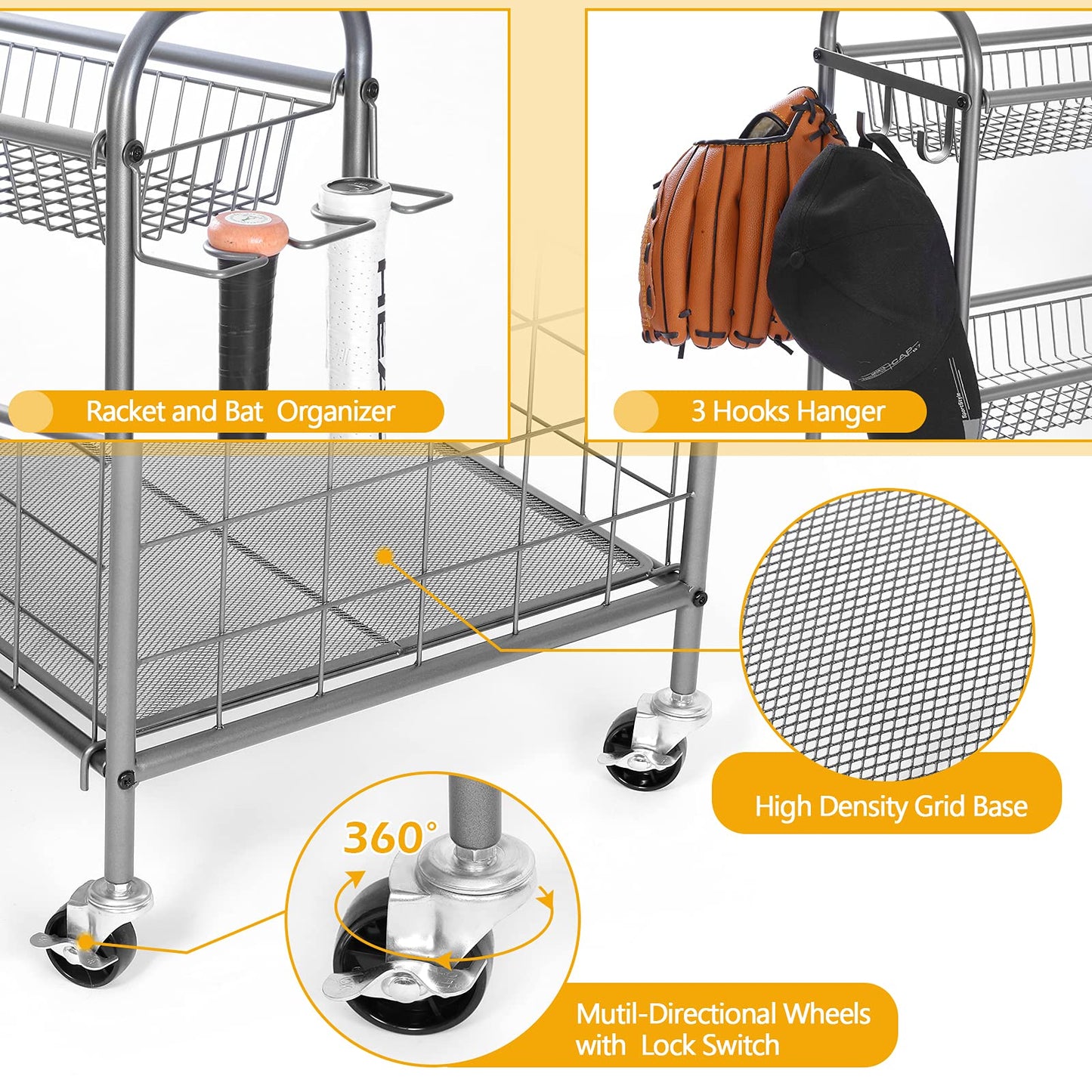 Kinghouse Rolling Sports Equipment Organizer with Wheels, Garage Ball Storage Rack for Basketball, Toys, for Garage, Indoor, Gym, Outdoo, Includes Metal Storage Bin, Bat Holder, Hooks