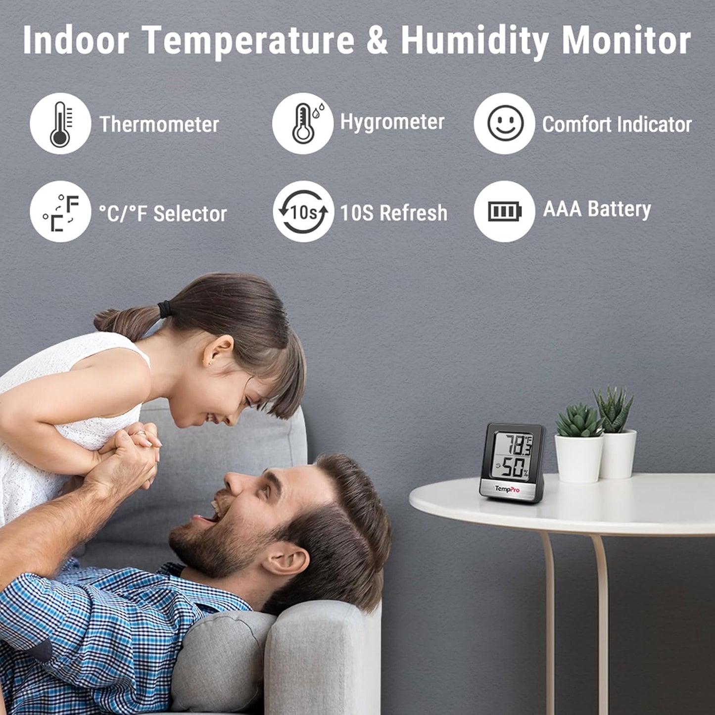 TempPro Digital Hygrometer - Accurate Indoor Thermometer & Humidity Meter | Mini Black Weather Station