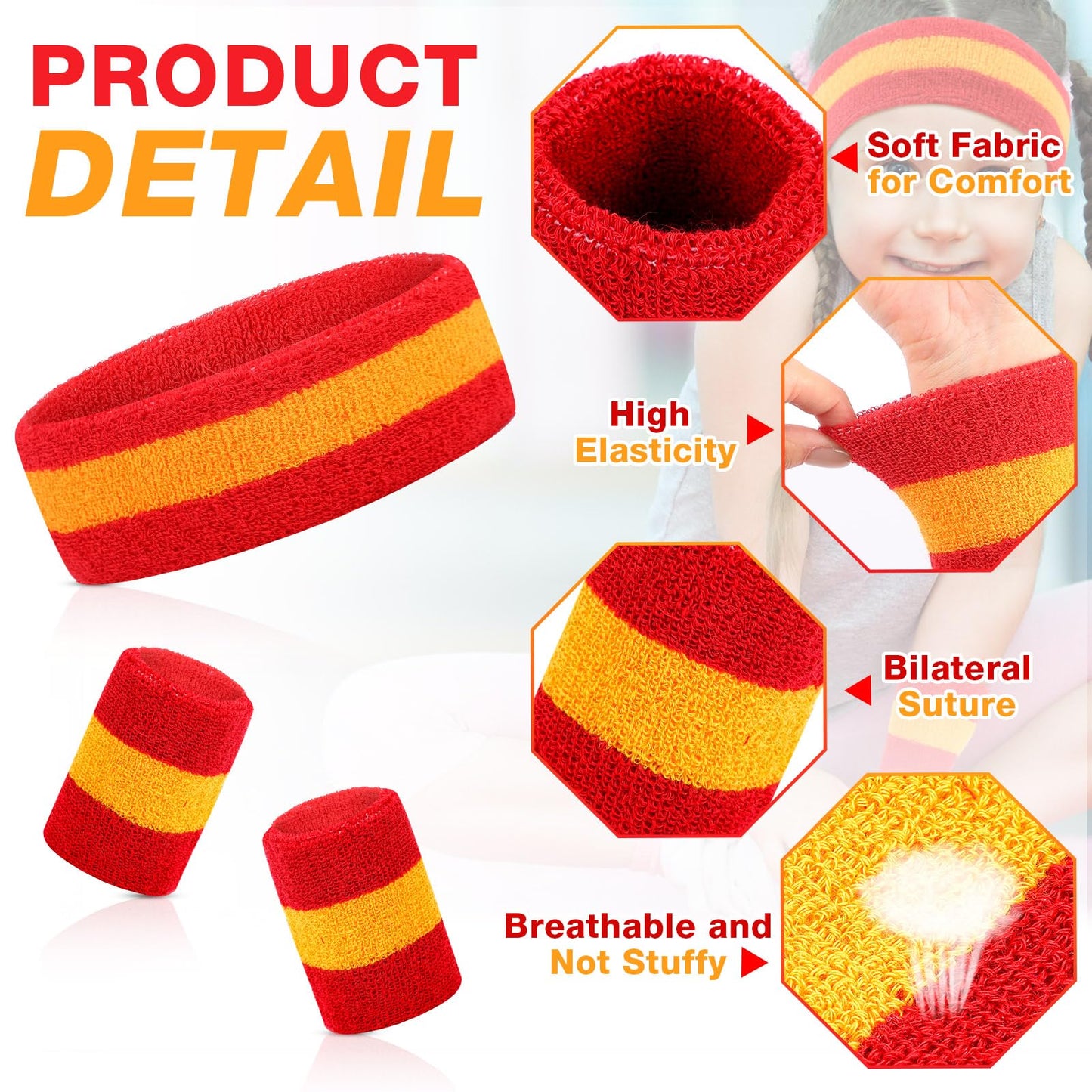 Eurzom 36 Pcs Sweatband Set - 12 Sweat-Absorbing Headbands and 24 Cotton Wristbands for Men, Women, Gym, Sports (Red, Yellow)