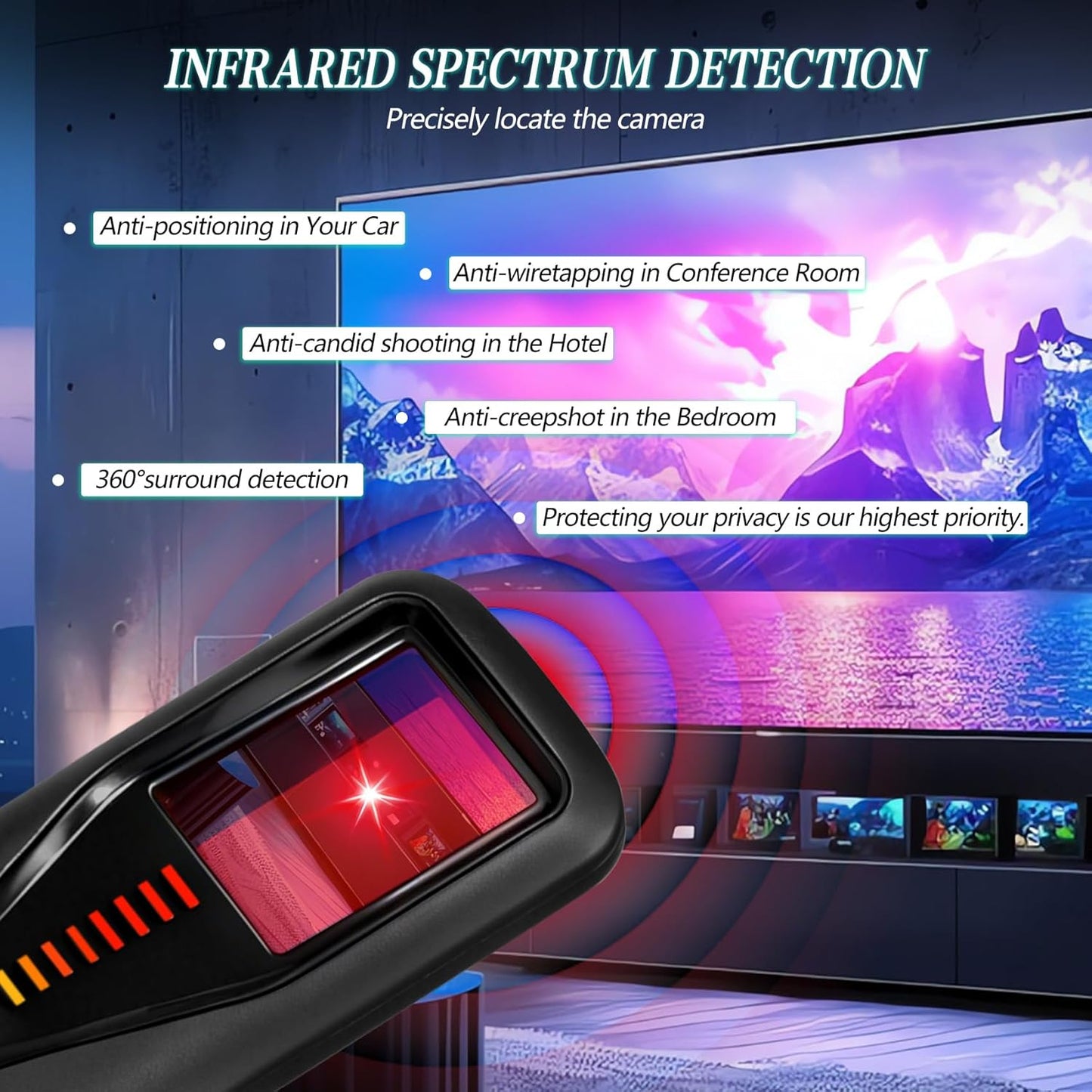 jjxeqo Scanner,5-Level Adjustment,6 Hidden Camera Detector,GPS Tracker Detector,Wireless Signal Sensitivity Detection