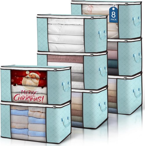 Budding Joy 90L Large Storage Bags - 8 Pack Foldable Closet Organizers for Clothes, Blankets & Toys (Blue)