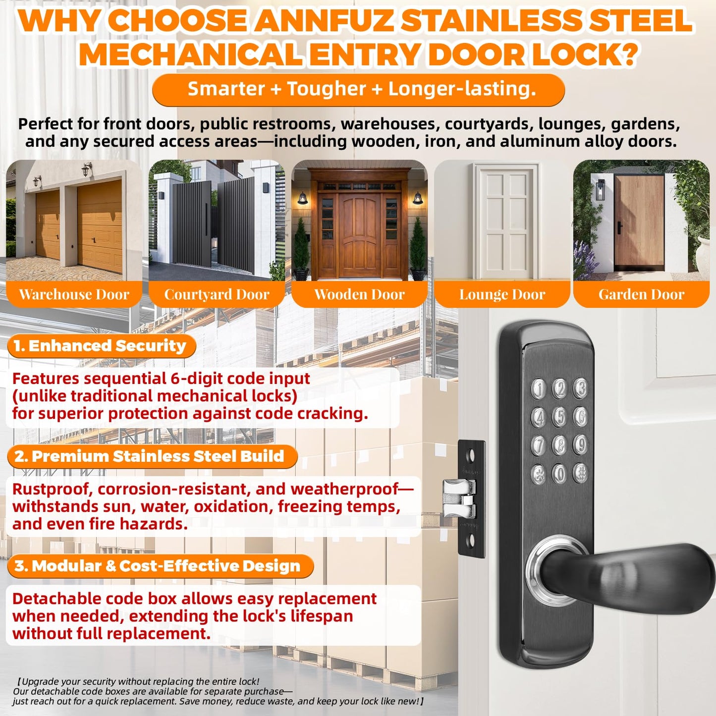 ANNFUZ Stainless Steel Mechanical Digit Keypad Handle Door Lock,Commercial Keyless Push Button Code Door Lever,Single-Sided Combination &Interior Non-Locking,Exterior Auto-Lock,Entry,Outdoor,Black