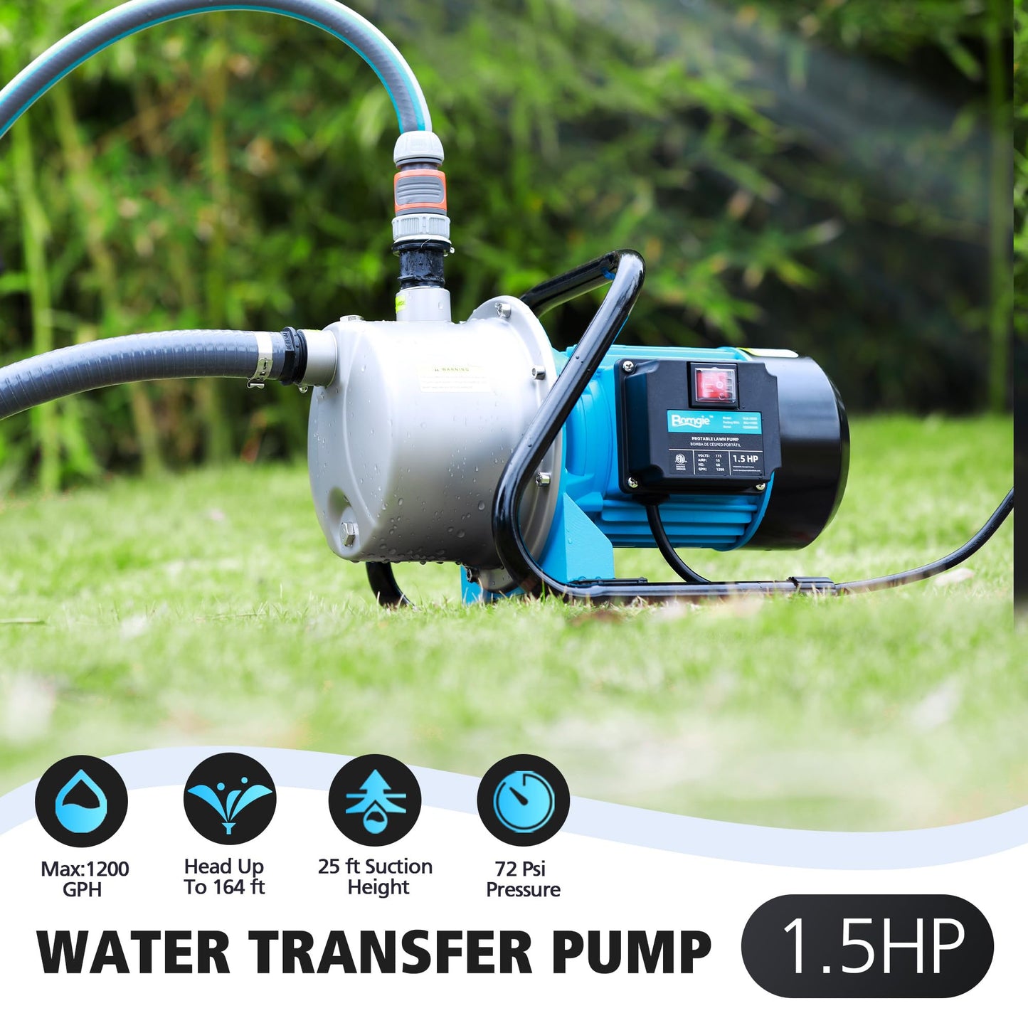 BOMGIE 1.5HP Water Transfer Pump,1200GPH Shallow Jet Well Pump,Extended 13FT Power Cord Portable Sprinkler Booster Pump,Irrigation Lawn Fountain Pool Draining Self Priming Transfer Pumps