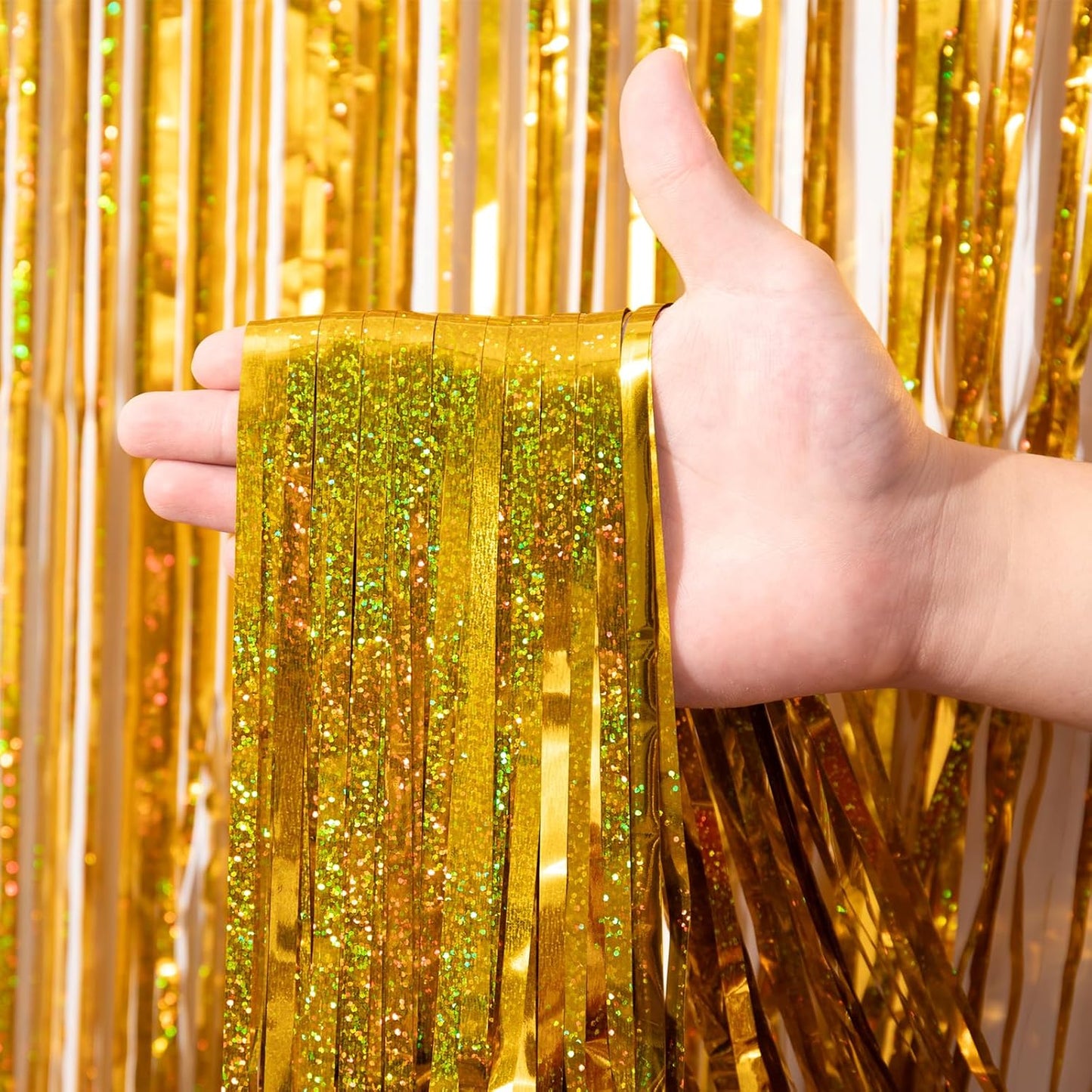 Voircoloria Laser Gold Foil Fringe Backdrop Curtains - 3 Pack Tinsel Streamers for Parties & Events | 3.3 x 8.2 ft