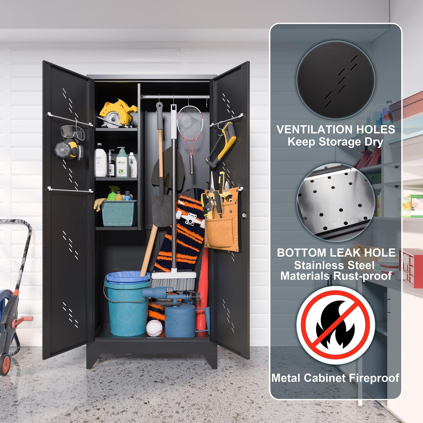 ZONLESON Metal Storage Cabinet, 75" Tall Garage Storage, Utility Cabinet for Brooms and Mops, Metal Locker with Hanging Rod for Garage, Home, Office, Laundry Room, School, Gym, Warehouses, Black