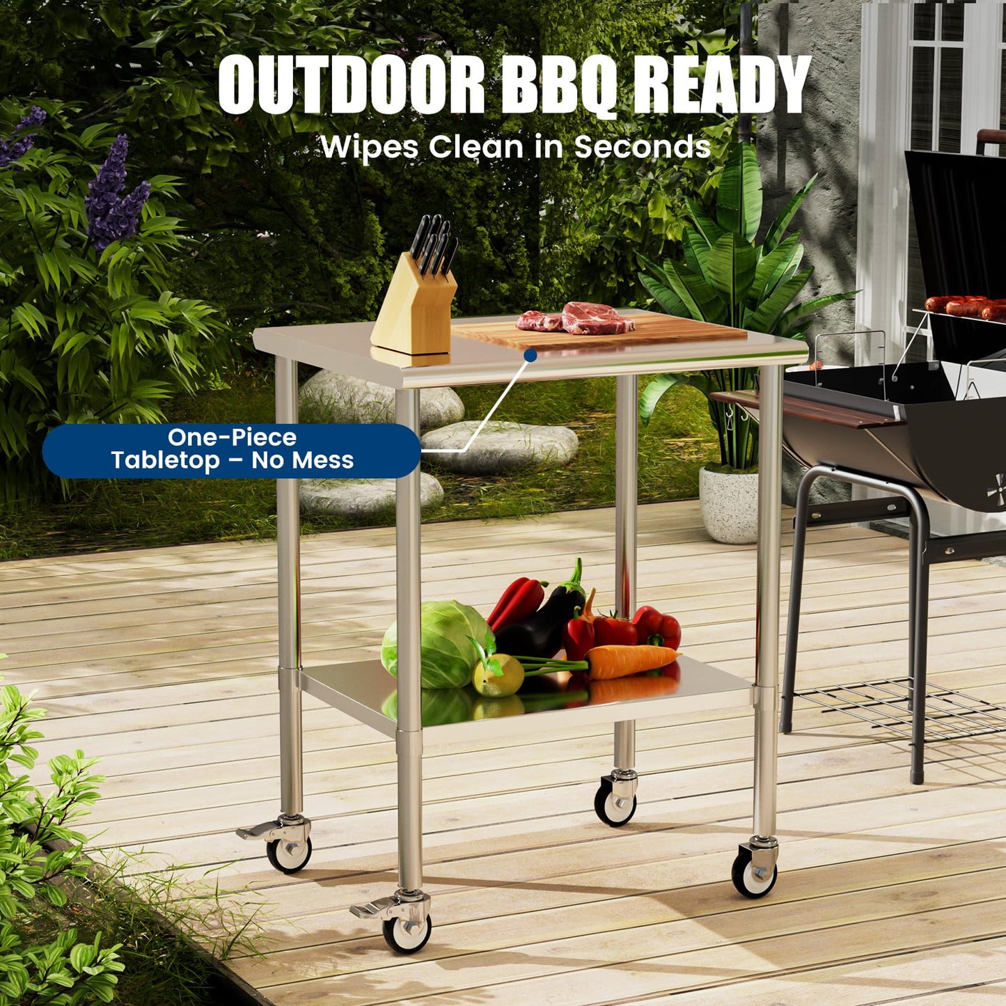 Chingoo Stainless Steel Work Table with Wheels, 24x30 Inch NSF Kitchen Prep Table with Adjustable Undershelf for Commercial Restaurant, Garage, Outdoor BBQ