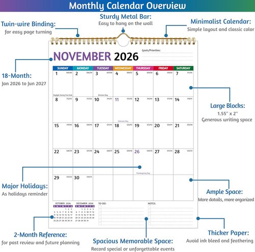 2026-2027 Wall Calendar | Large Blocks, Thick Paper, Holidays & Notes - 11.5 x 14.5 In