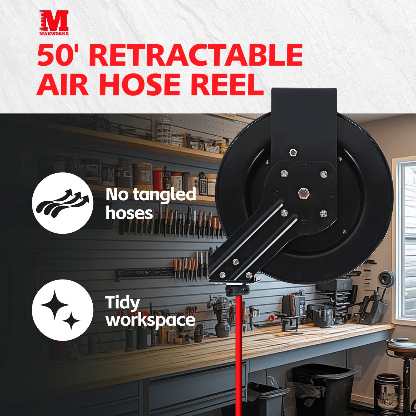 MaxWorks 50 Foot Auto Rewind Retractable Air Hose Reel with 3/8" Rubber Hose 250 PSI Heavy Duty Steel Spring Multi Position Ratchet and Solid Brass Fittings for Garage and Workshop (80720)