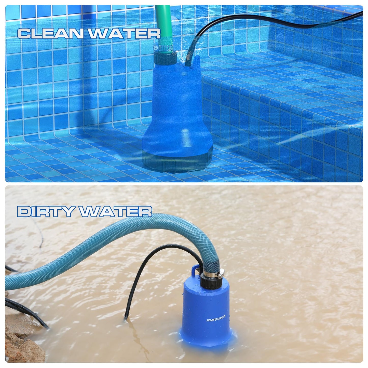 AMPFORCE 20V Cordless Submersible Water Transfer Pump, 1003 GPH Portable Sump Pump, 4.0Ah Battery Powered Water Pump Runtime 1H Ideal for Pool, Spa, Hot Tub, Garden, Flood Relief, and Outdoor Projects
