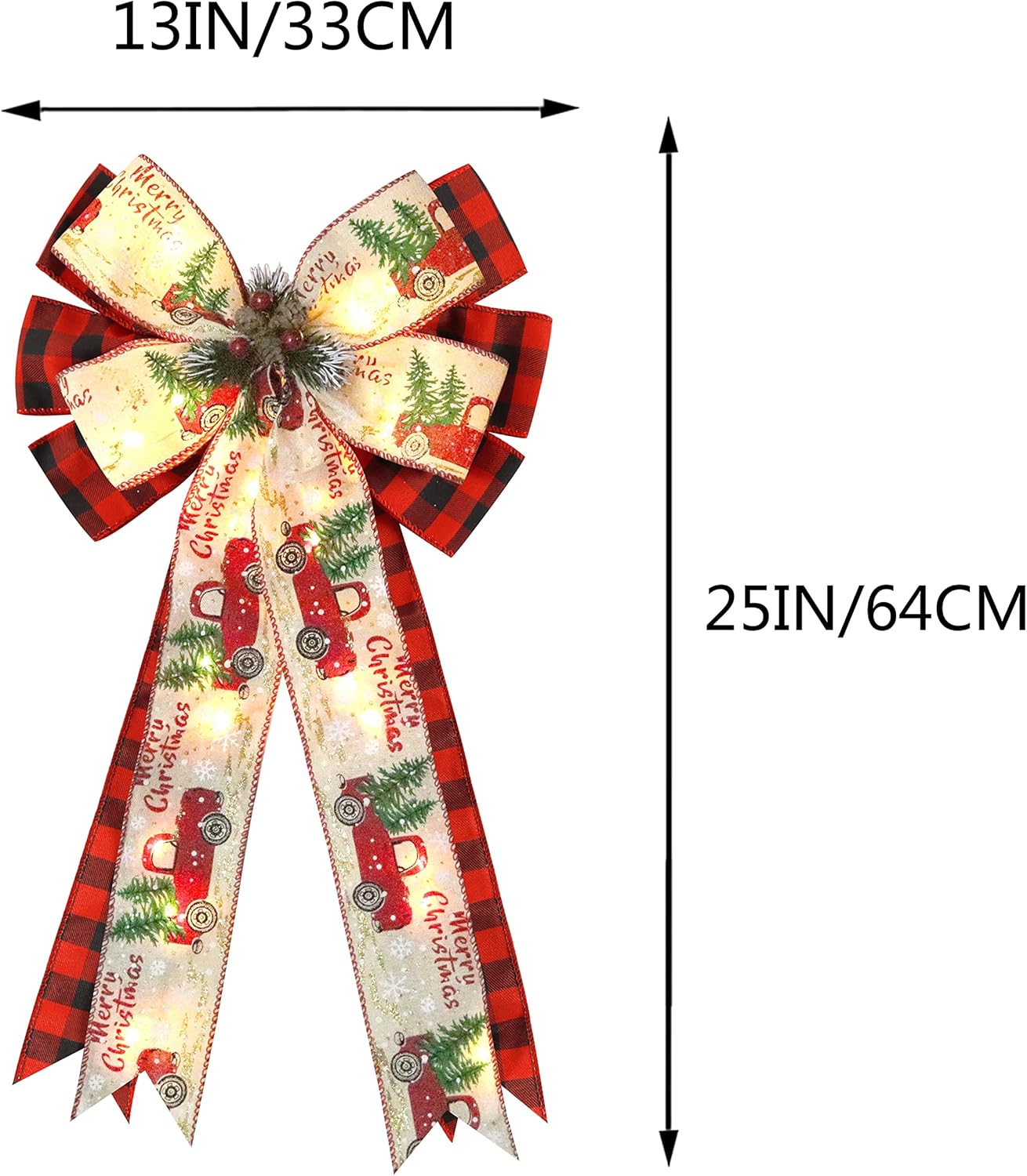 Regine Switzerland Christmas Tree Topper Bow - 30 LED Lights, Large 13”x25” Red Black Buffalo Plaid Design