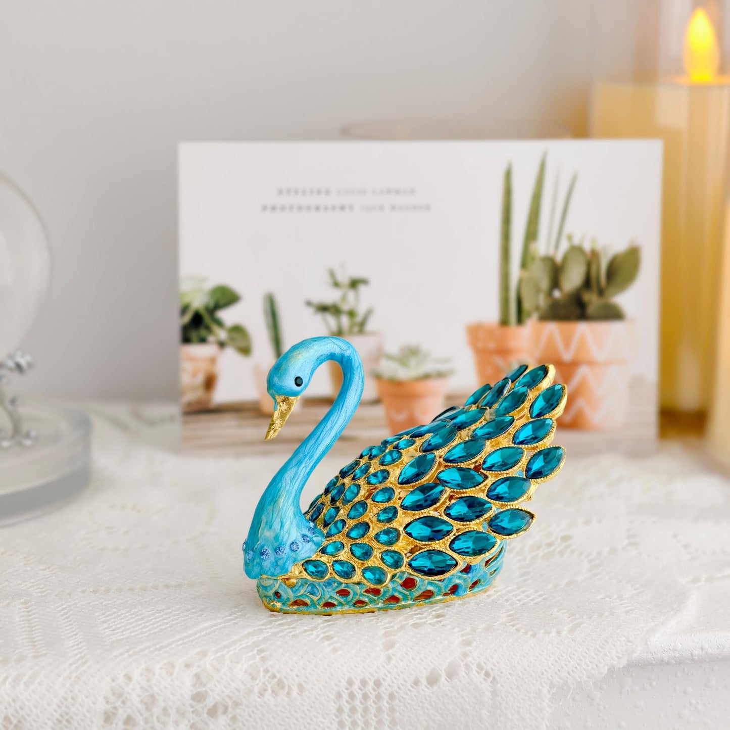 SEVENBEES 3.7-inch Blue Swan Figurine Jewelry Trinket Box, Enamel Hand-painted Swan Box with Gems, Hinged Jewelry Boxes - Ring Holder, Organizer, Home Decor, Wedding Favor Gift