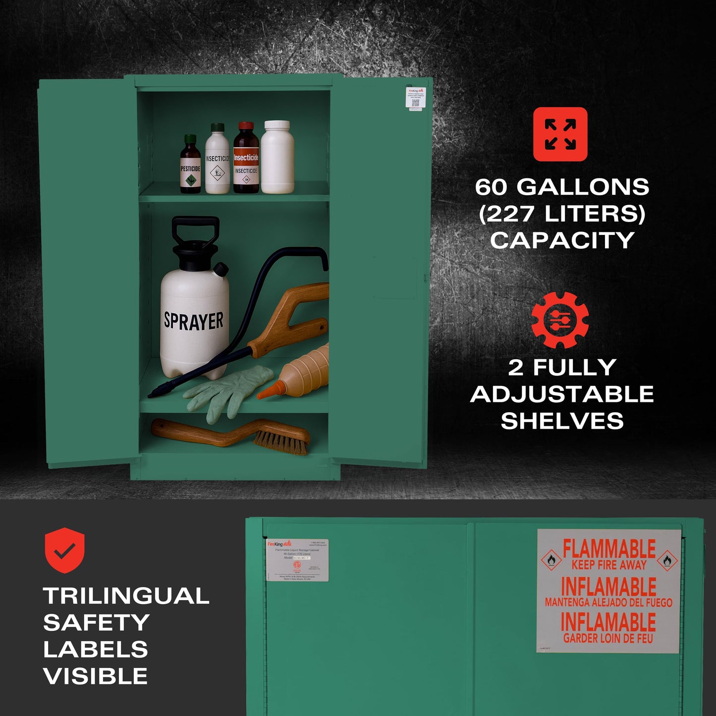 FireKing Green Flammable Safety Cabinet, Pesticides Flammable Storage Cabinet, 60 Gallon Steel Safety Cabinets with Manual Door for Commercial, Industrial & Home Use, 34" x 34" x 65"