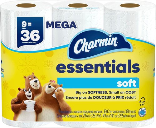Charmin Essentials Soft Toilet Paper - 9 Mega Rolls | Equivalent to 36 Regular Rolls