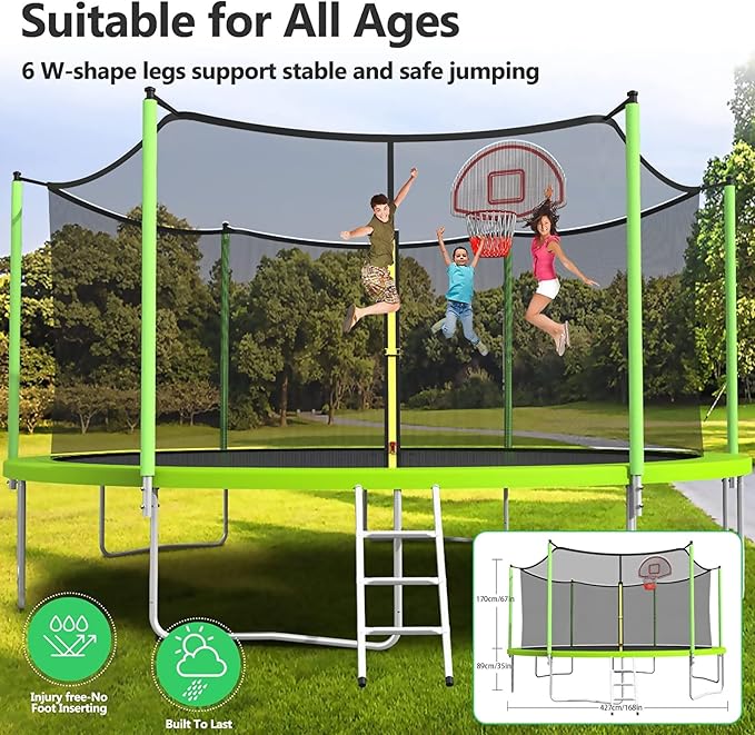 Upgraded 10/12/14/15/16FT Trampoline Outdoor, Large Kids Trampoline with Light, Stakes, Sprinkler, Backyard Trampoline with Basketball Hoop and Net, Capacity for 4-6 Kids and Adults