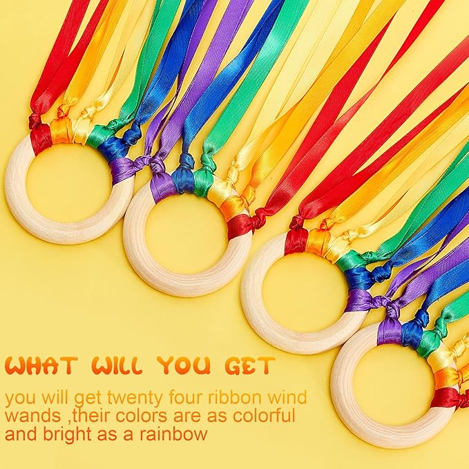Junkin Ribbon Rings Hand Kite Waldorf Toys Dancing Wrist Ribbons Rainbow Streamers with Wood Ring Sensory Learning Educational Toy for Playroom Dancing Birthday Party Gift(Bright Color,24 Pcs)