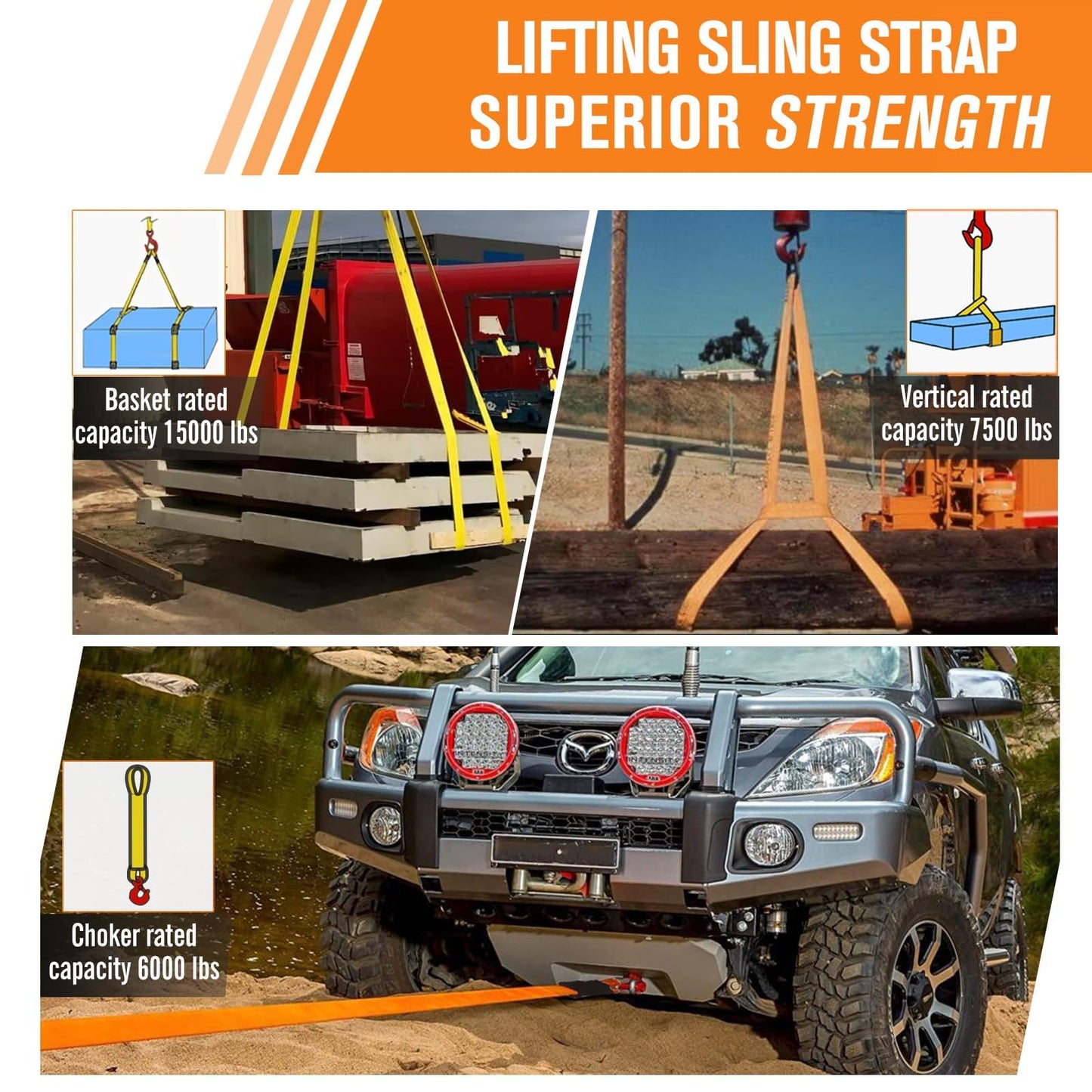 2 Pcs 2" x10FT Heavy Duty Nylon Lifting Sling Strap, 15000lb Capacity Super Sturdy Flat Eye Rigging Strap for Hoist, Towing, Moving, Tree Saver Recovery, and Winch