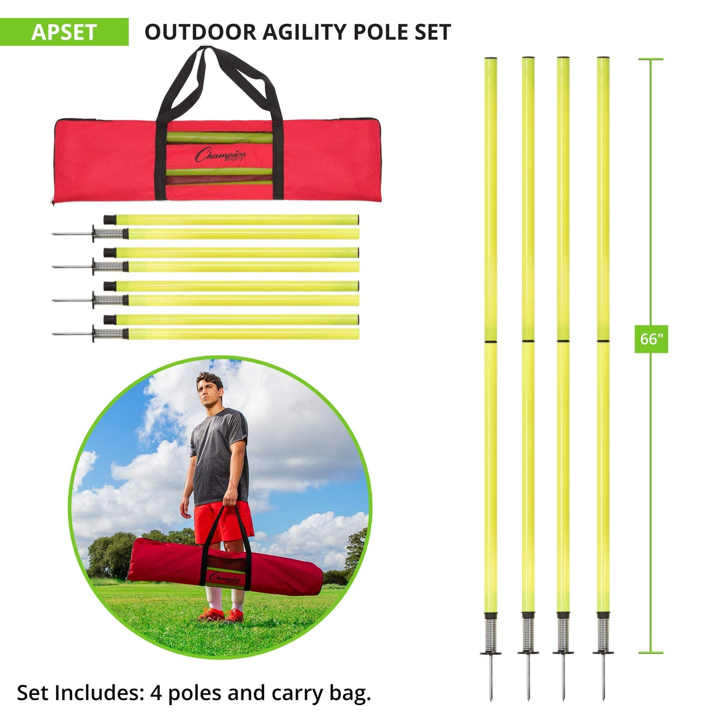 Champion Sports Outdoor Sports Agility Pole Set, 4 Rubber Bases with 12 PVC Poles, 66 Inches, Yellow