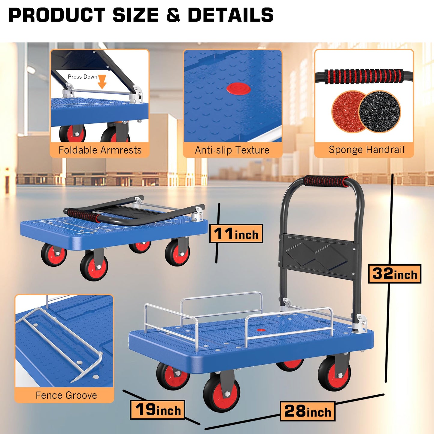 Platform Truck Cart with 3 Fence, 28"x19" Flatbed, 1100lbs Capacity Heavy-Duty Foldable Push Dolly Cart with Swivel Wheels, Foldable & Portable for Groceries, Garage,Home,Office Use, Blue