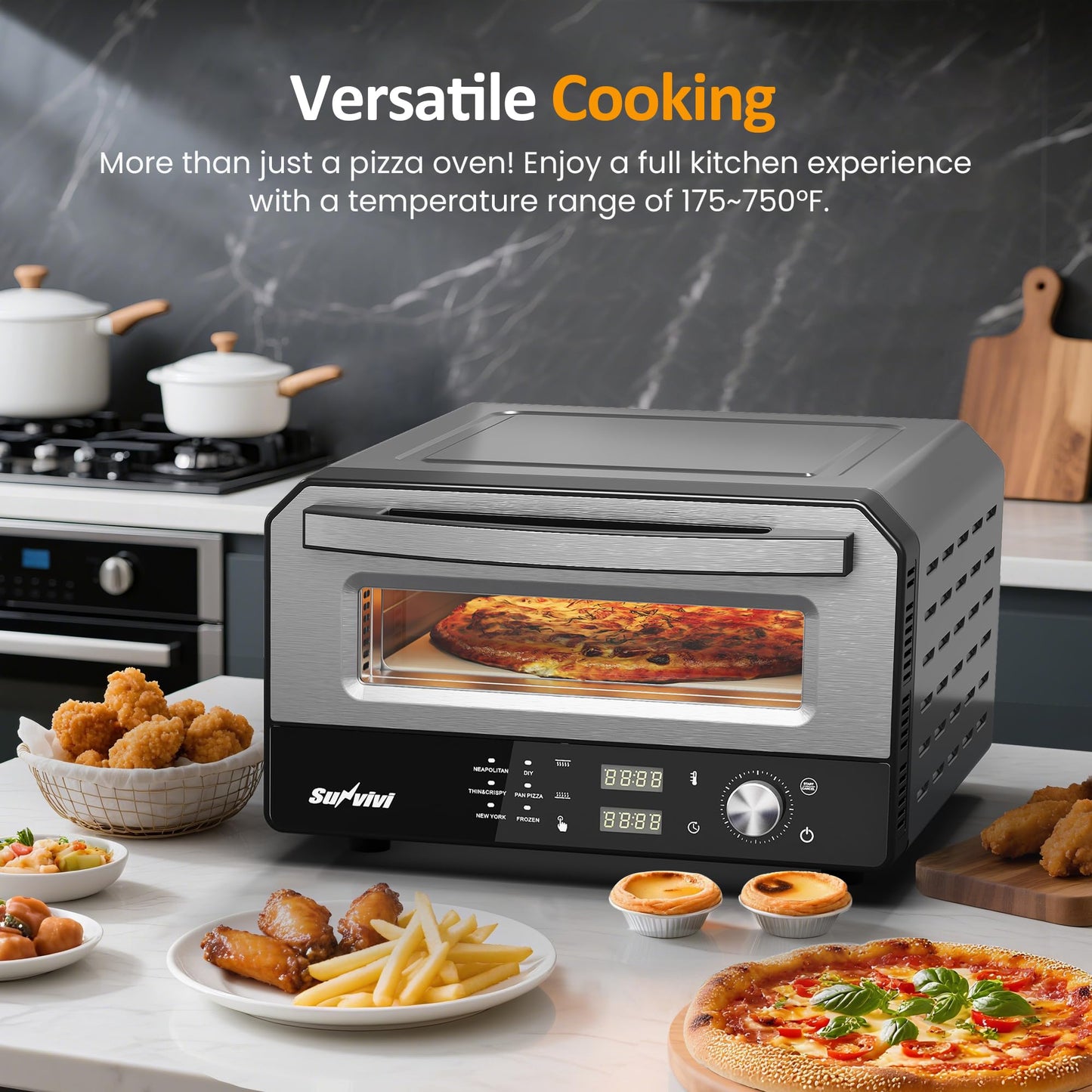 Sunvivi Electric Indoor Pizza Oven: Countertop Pizza Maker with 6 Presets, Heats up to 750℉, 12" Portable Pizza Cooker Warmer with Control Knob, Pizza Stone, Pizza Peel, Pie Maker for Home, Camping