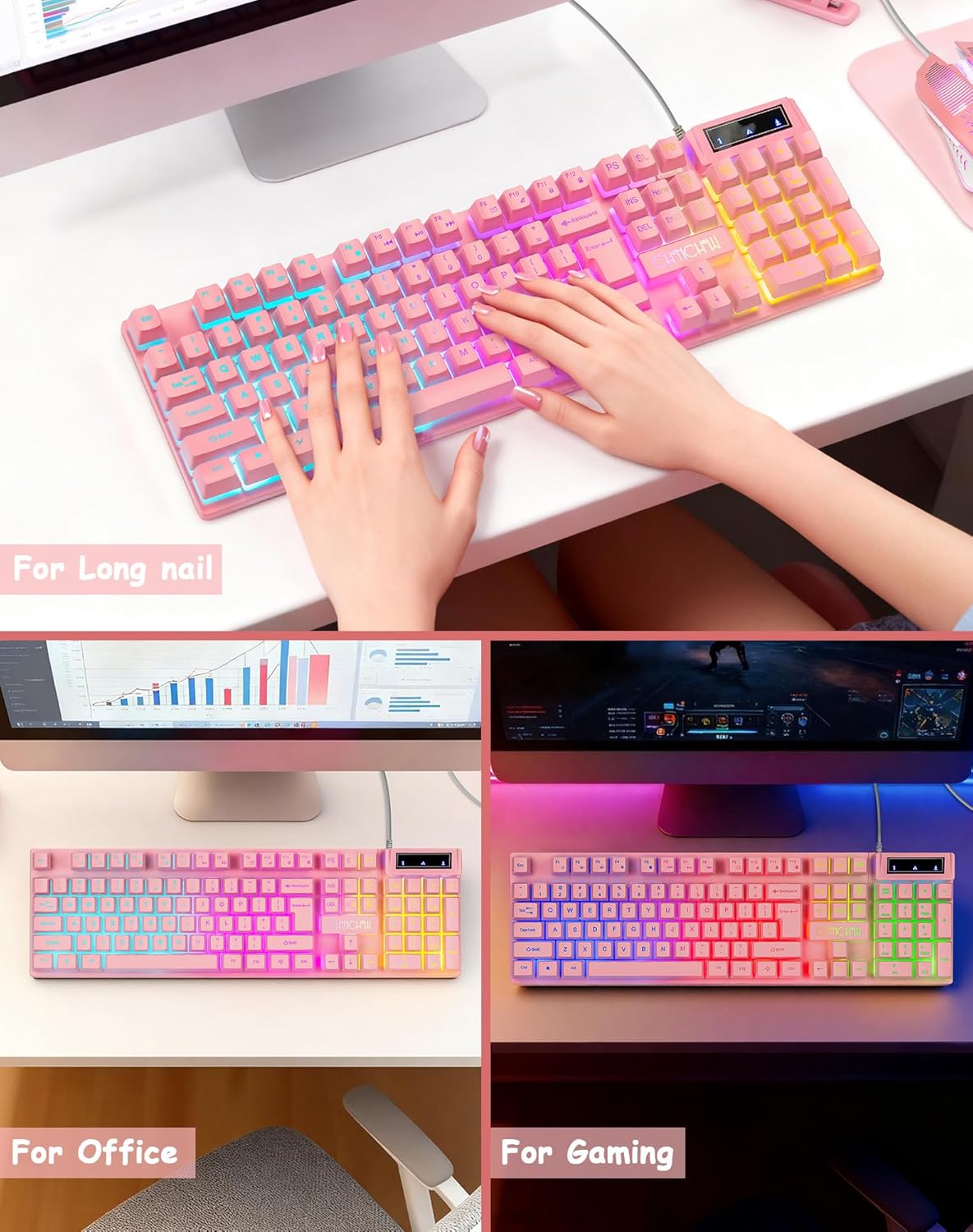 CHONCHOW 104 19 3 Light Up Cute Pink Gaming Keyboard, Keys Full Size, Number Pad, Keys Anti-Ghosting, Multimedia
