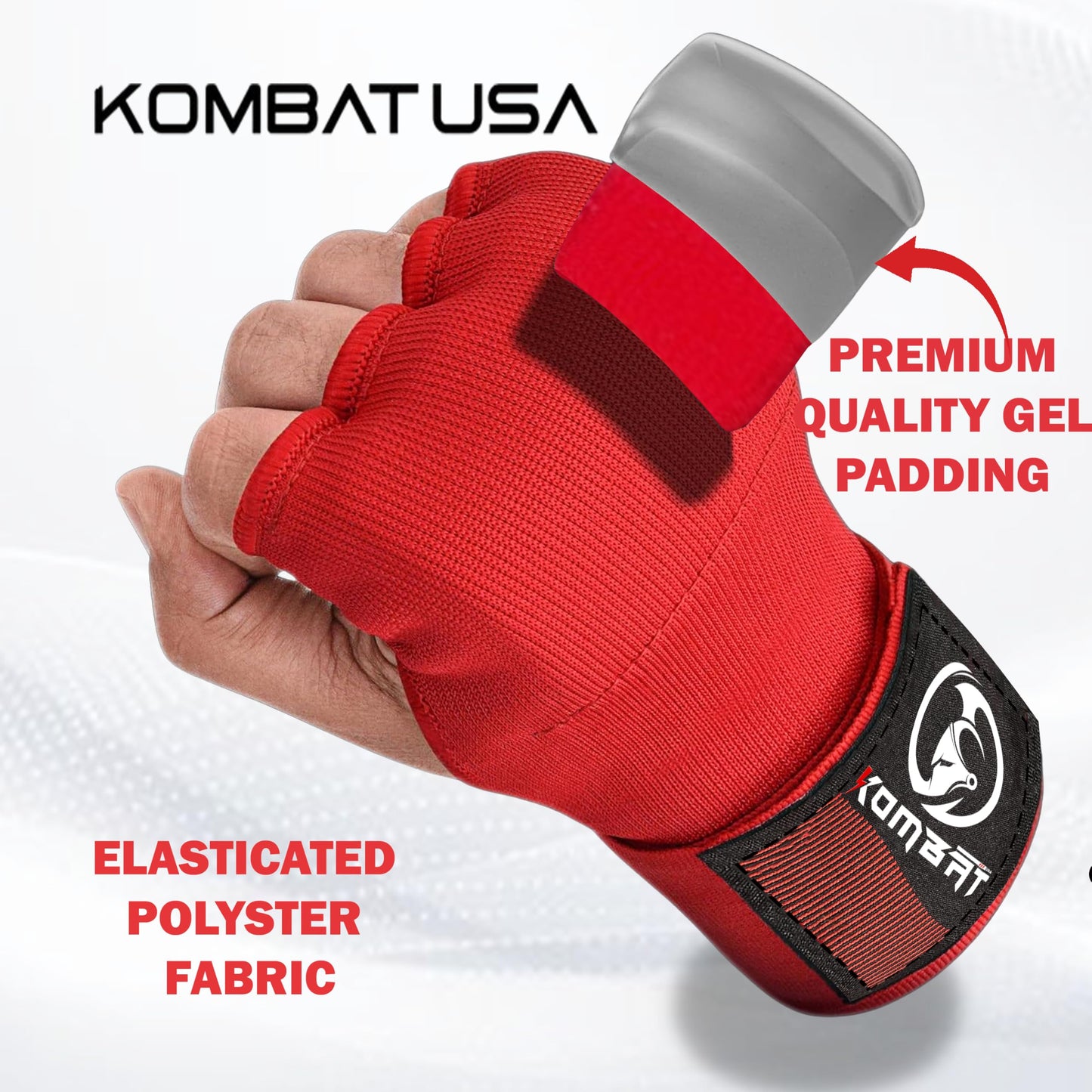 Kombat Gel Boxing Hand Wraps, Padded Inner Gloves for Men & Women, 75cm Quick Wrist Wraps, Knuckle & Wrist Protection for Muay Thai, MMA, Kickboxing, Martial Arts, Punching Training (Red, X-Large)