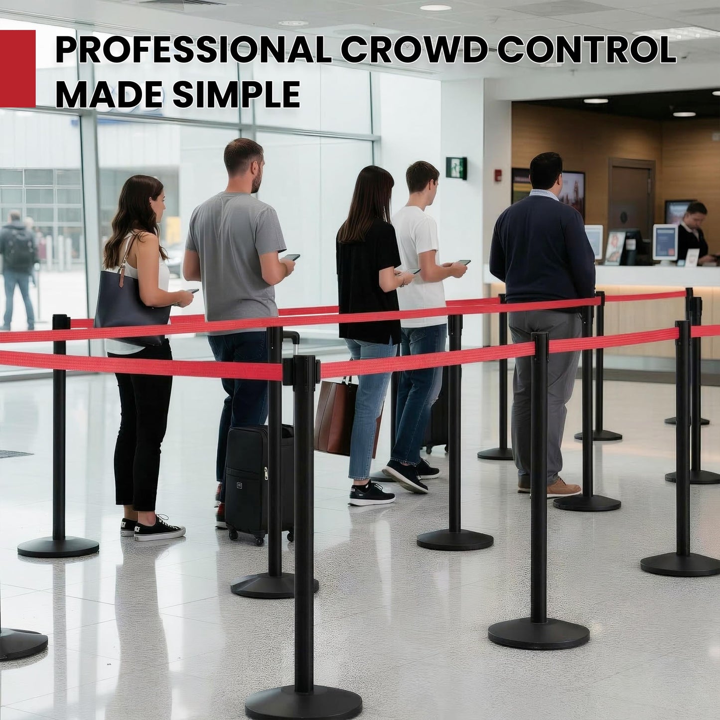 Crowd Control Warehouse Set of 2 Stanchion Retractable Belt Barriers, 11 Foot Red Belt Barrier with 40” Black Posts, Premium Crowd Control Barriers with Heavy Duty Concrete Base, CCW Series RBB-100