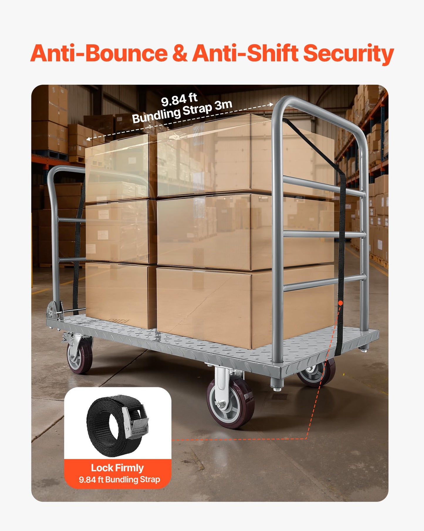 VEVOR 2 in 1Platform Truck, 2650 LBS Heavy Duty Flatbed Cart Dolly with Detachable Rear Guardrail and Swivel Wheels, Foldable Hand Push Truck Cart for Groceries, Garage, Warehouse (48"×24")