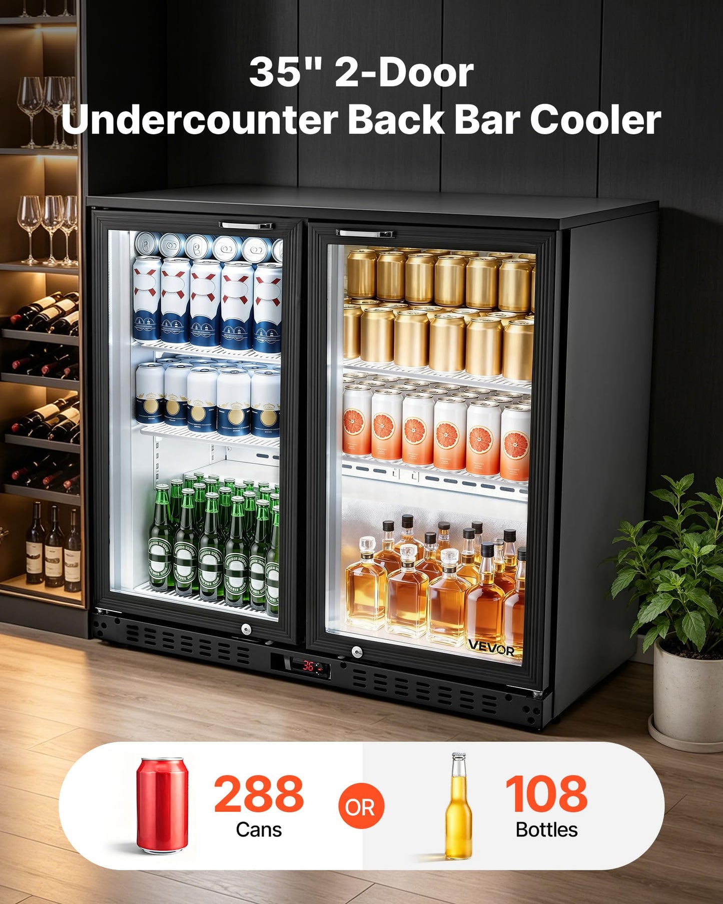 VEVOR Back Bar Cooler, 7.4 Cu. Ft Commercial Beverage Refrigerator, Under Counter Bar Fridge with 2 Glass Doors, LED Lighting, Shelves, Low-E Glass Display Cooler for Beer, Soda, Wine, Drinks