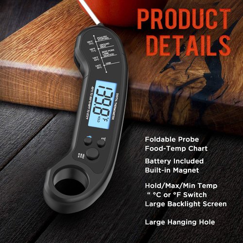 Meat Thermometer Digital - Instant Read Waterproof Food Thermometer for Grill, BBQ & Cooking