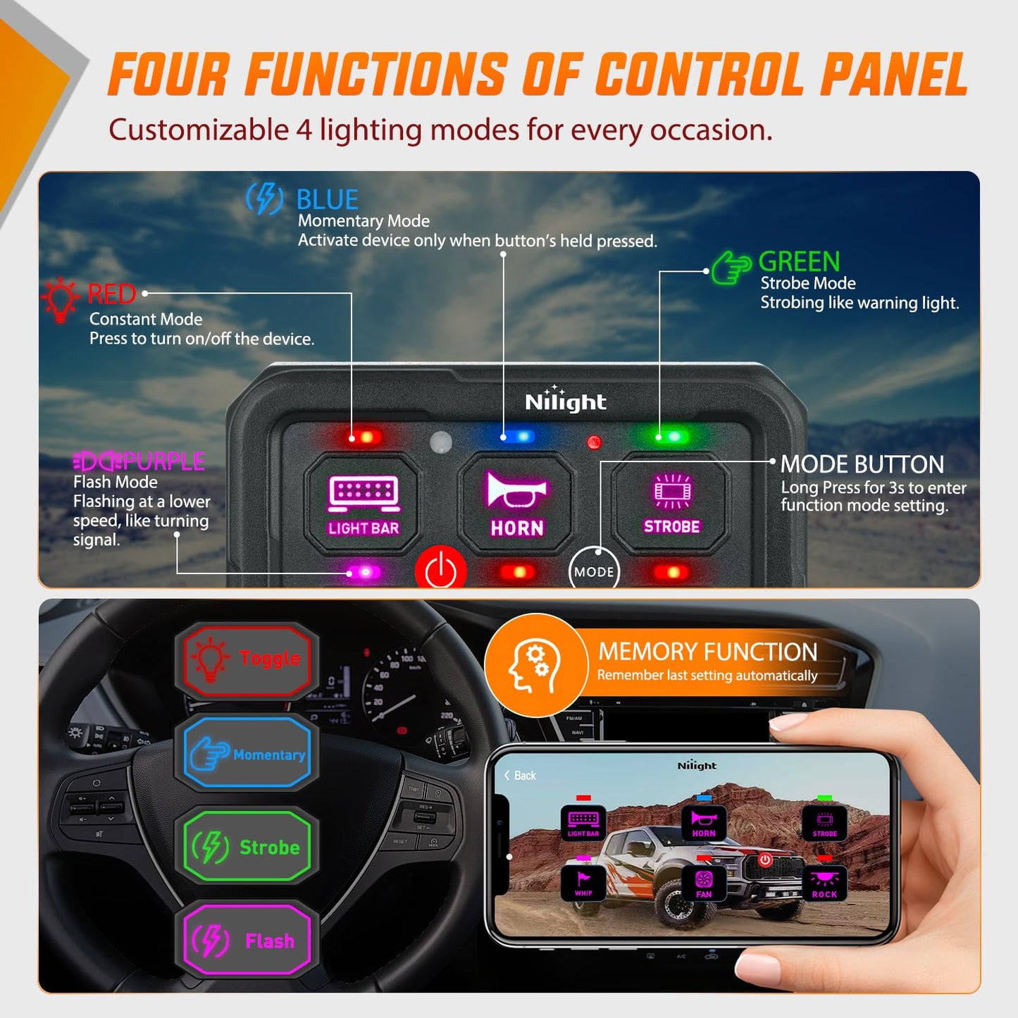 Nilight 6 Gang Switch Panel Circuit Control Relay System APP RGB Backlight Fuse Wiring Harness Toggle Momentary Strobe Flash Modes Automatic Dimmable 12V 24V ON Off Pod for Car Truck Camper SUV