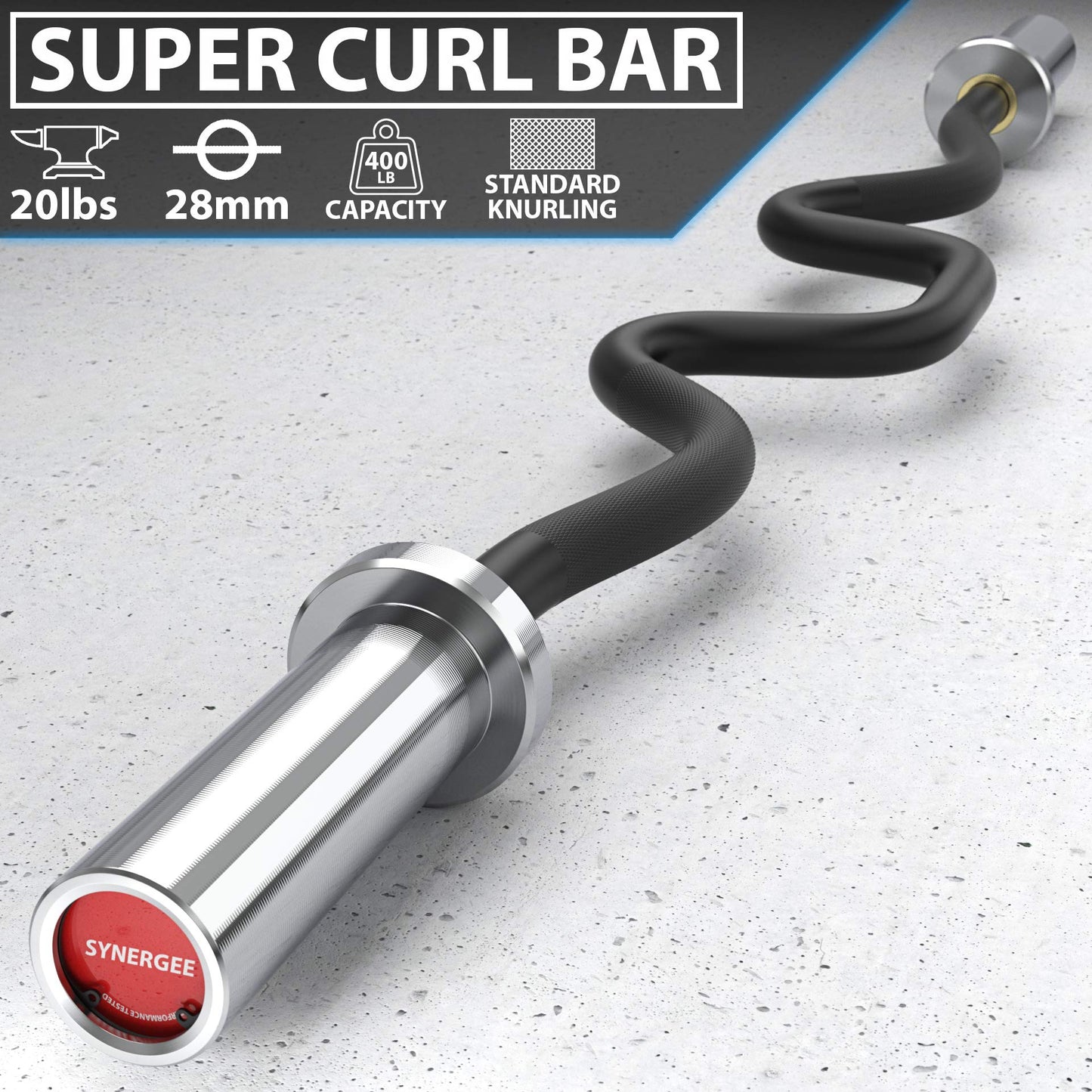 Synergee Commercial Super Easy Curl Olympic Bar Chrome Sleeves and Black Phosphate Shaft Excellent for Bicep Curls and Triceps Extensions