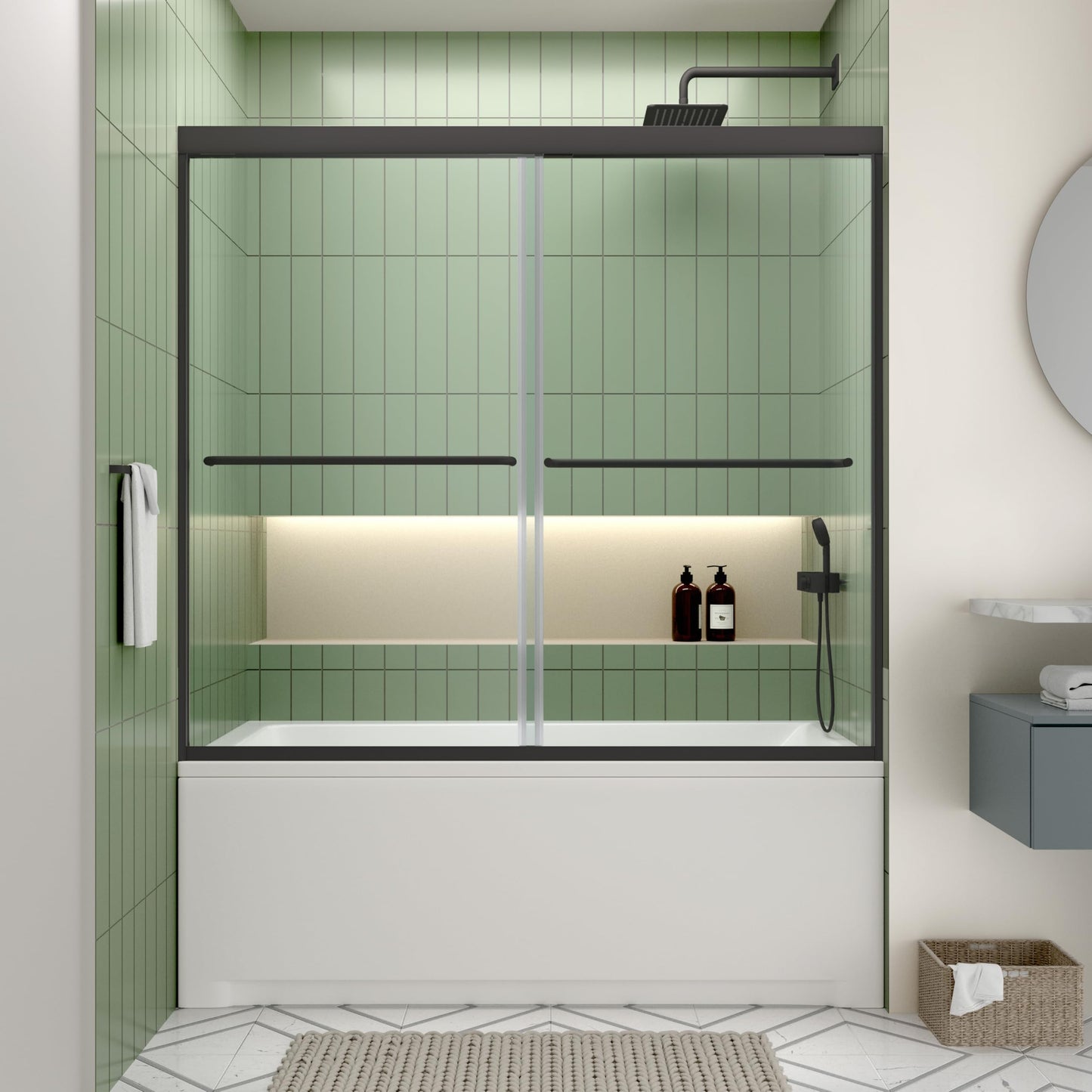 ACE DECOR 56-60" W x 58" H Sliding Bathtub Shower Door, Semi-Frameless Shower Door for Tub with 1/4" (6mm) Clear SGCC Tempered Safety Glass Easy-to-Clean Nano Coating, Matte Black Finish Shower Doors