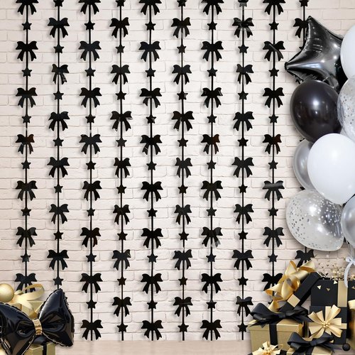 Menstarsi Black Bow Party Decorations - 2 Pack Foil Fringe Curtains | 3.3 X 6.6 ft Backdrop for Events