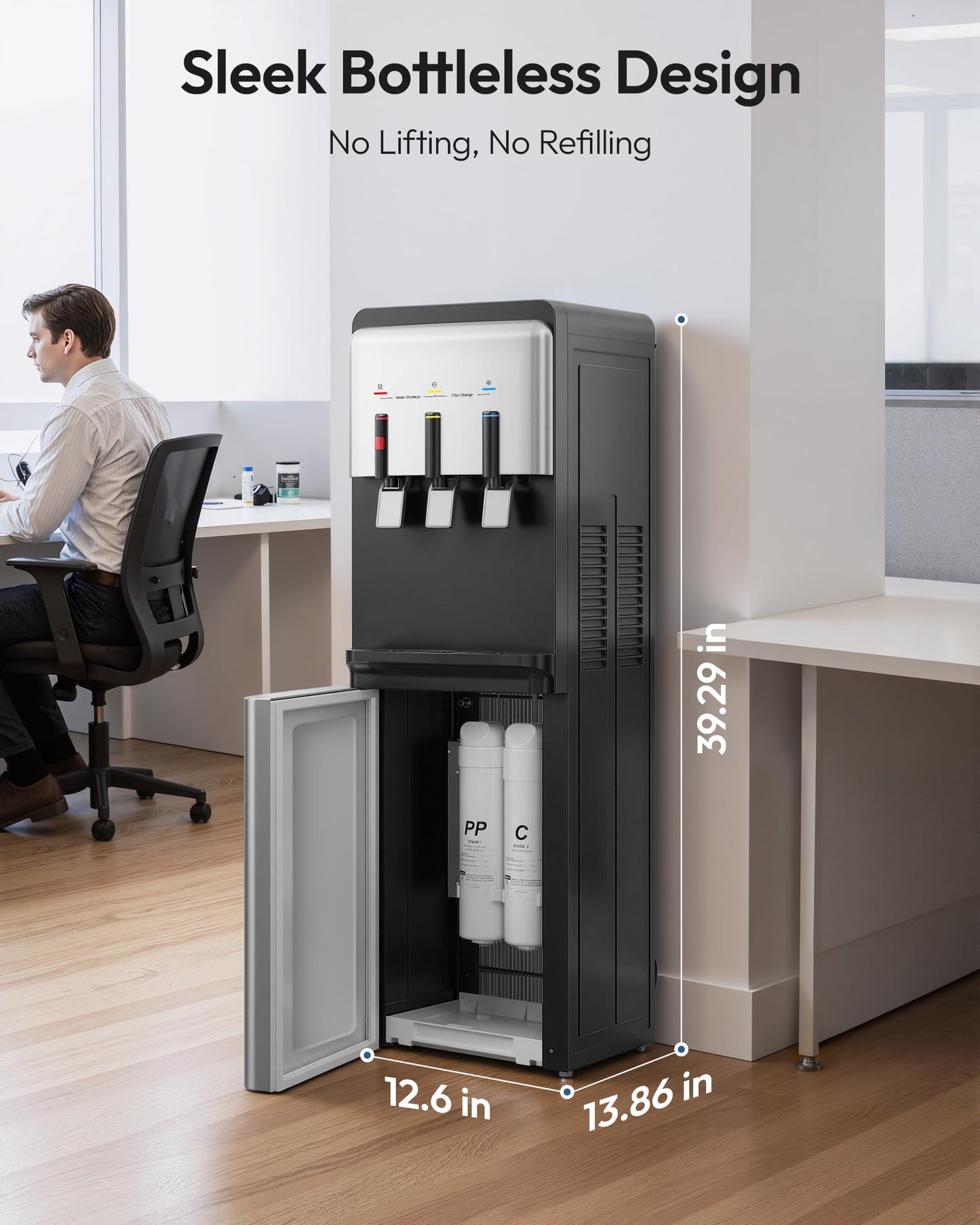 Euhomy Bottleless Water Cooler Water Dispenser, 3 Temperature Settings Hot Cold & Room Water, NSF Certified Dual Filters, Self Cleaning Water Dispenser, Child Safety Lock, LED Indicator, Black