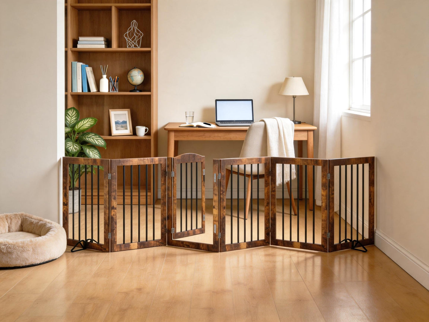 Vantas Folding Pet Gate 120" Wide, 30" Tall No-Assembly Wooden Dog Gate with Door Walk Through, Freestanding Puppy Safety Fence, with 2PCS Support - Rustic Brown