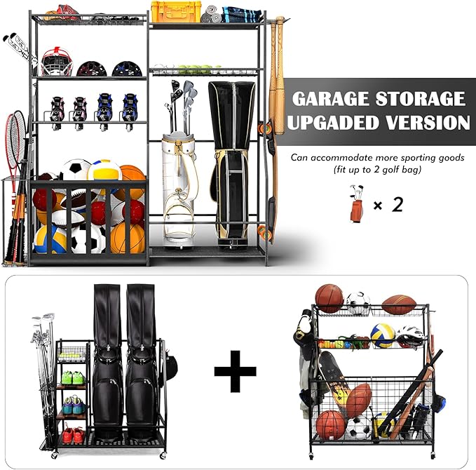 Garage Sports Equipment Organizer with Golf Bag Stand, Balls Storage Rack, and Toy Organizer ??Durable Indoor/Outdoor Multi-Use Rack for Kids' Gear and Seasonal Items