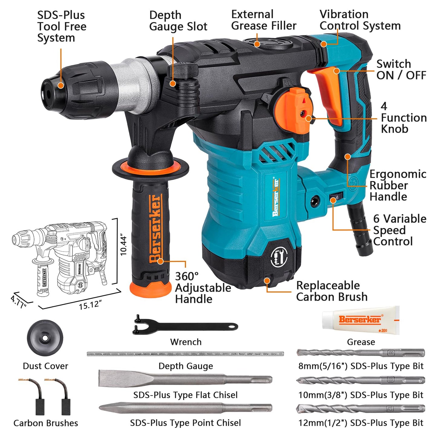 Berserker 1-1/4" SDS-Plus Rotary Hammer Drill with 3 in. SDS Plus Scaling Chisel