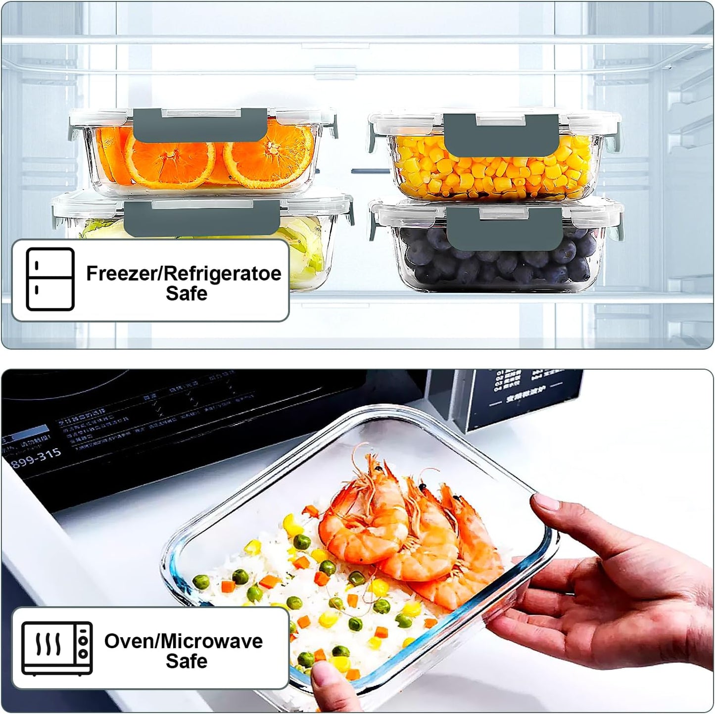 VERONES Glass Meal Prep Containers - 10 Pack Airtight Storage Set with Lids | BPA-Free, Stackable, Microwave & Oven Safe, Grey