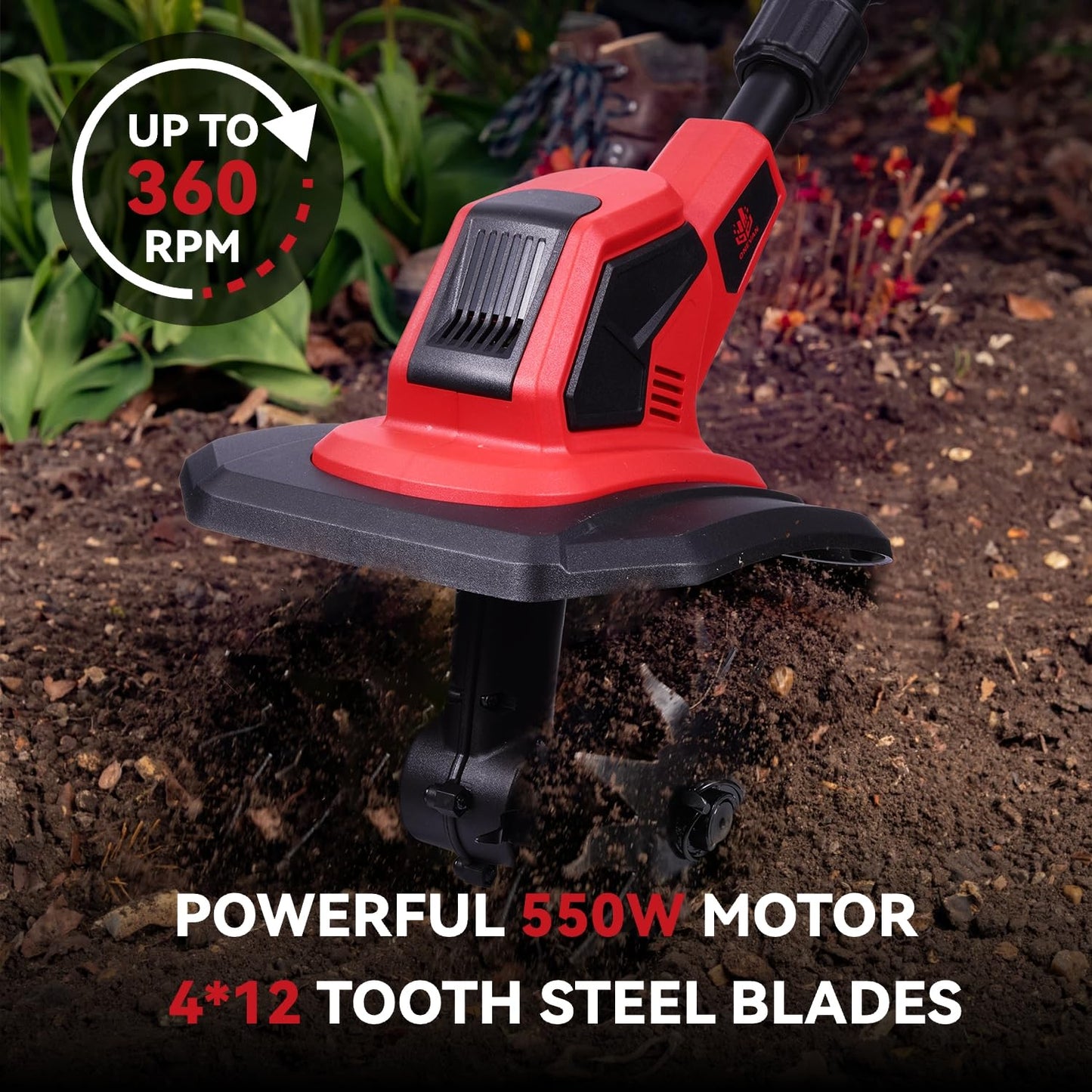 Cordless Tiller Cultivator, 360RPM Electric Garden Tiller with 2×3.0AH Batteries & 1.5A Fast Charger, Battery Powered Garden Cultivator, 9.5In Tilling Width & 6.7In Depth Garden Rototiller