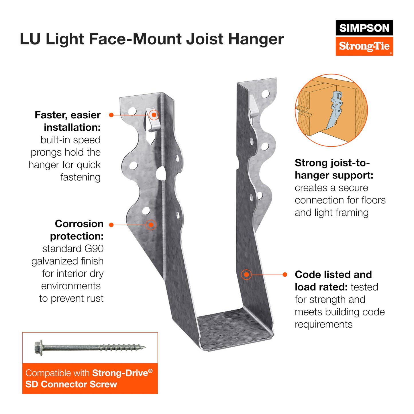 Simpson Strong-Tie LU26 Light Face-Mount Joist Hanger - Wood Construction Connectors, 20 Gauge Galvanized Steel Brackets, Hurricane Rafter Ties, 2x6, 100 Per Pack