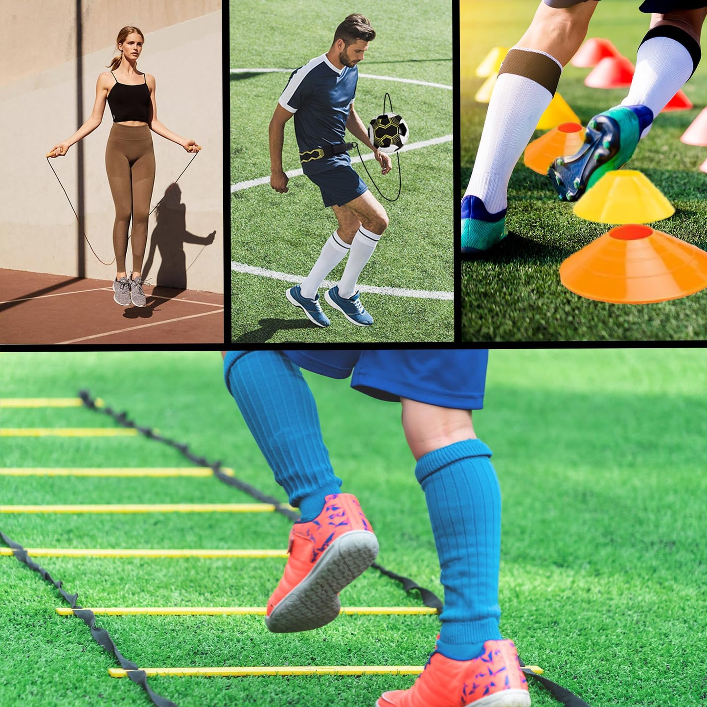 AOPUETRX 20FT Agility Soccer Ladder Training Equipment Set Football Gifts for Boys 8-14 with 12 Cones, Solo Trainer & Jump Rope, Suitable for Home Gym and Playground