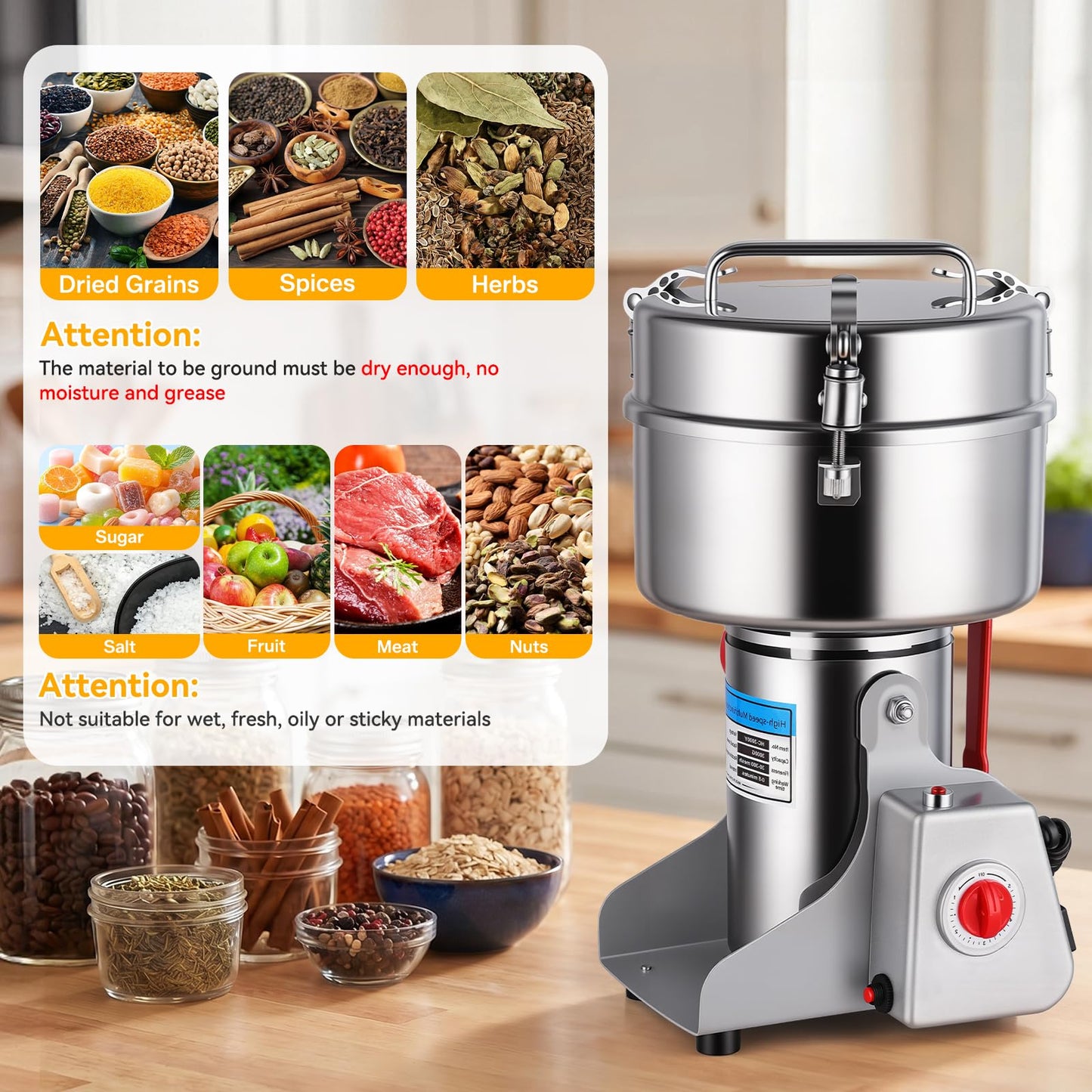 Jivoxia 3000G Grain Mill, 3600W Flour Mill Grinder for Home, 36000 RPM Electric Stainless Steel Grinder for Commercial & Kitchen Use, 270° Swivel for Soybean, Millet, Coffee and Other Dry Foods