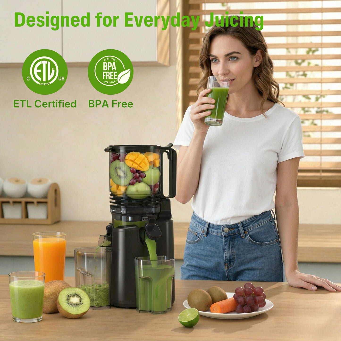 Cold Press Juicer, Juicer Machines with 6" Large Wide Feed Chute, High Juice Yield Slow Masticating Juicer, Easy to Clean, Quiet Brushless Copper Motor, Juicers for Whole Fruits & Vegetables