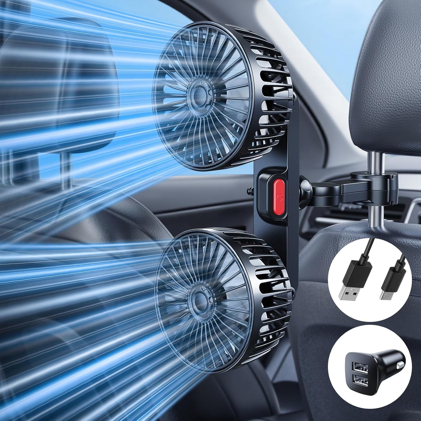 Yatessence 360 12V/24V Dual-Head Rear Seat Car Fan, Powerful Airflow, Rotation, Blows Both Left & Right, Adjustable