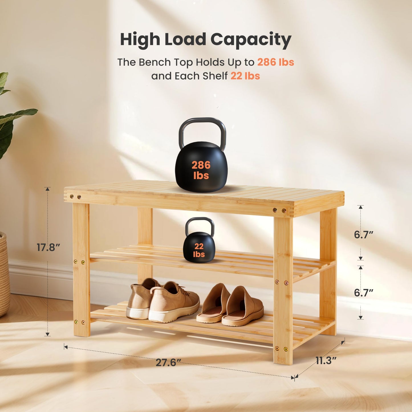 Simple Deluxe Shoe Rack Bench, 3-Tier Bamboo Storage Organizer, 286lb Capacity Entryway Bench for Front Door, Bedroom, Living Room, Bathroom, Balcony, Stylish Shoes Wood (11.3 x 27.6 x 17.8 Inches)