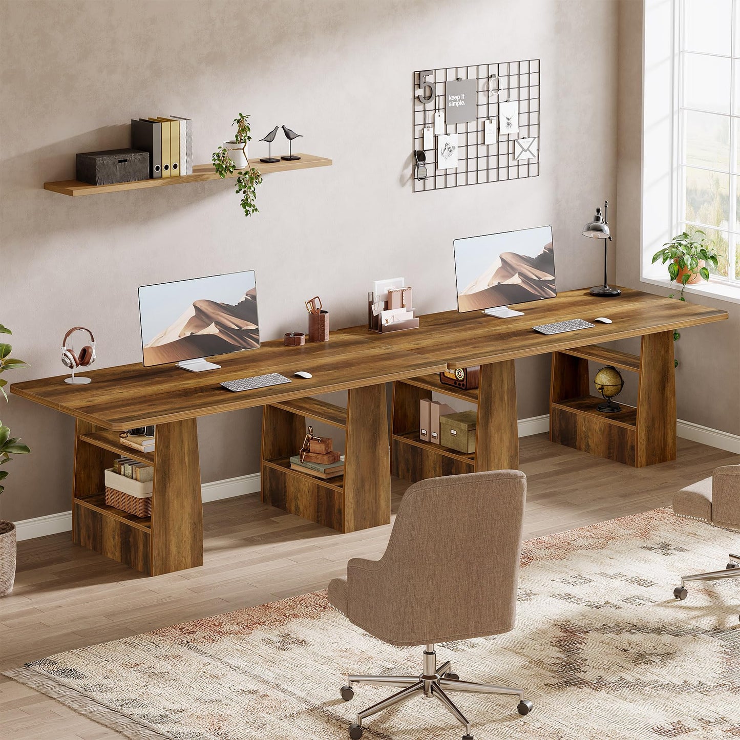 Tribesigns 63 Inch Executive Desk with 4 Storage Shelves, Office Desk with Faux Natural Textured, Large Wooden Computer Writing Table Business Furniture for Home Office (Brown)